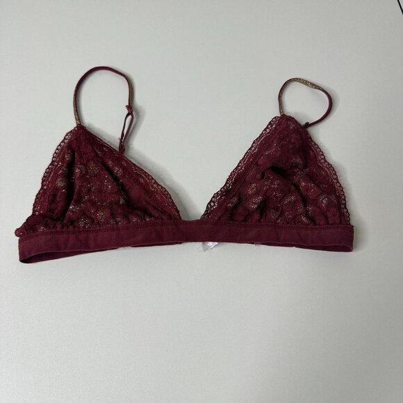 Burgundy With Gold Shimmer Lace Bralette Adjustable Spaghetti Straps M - Picture 2 of 10